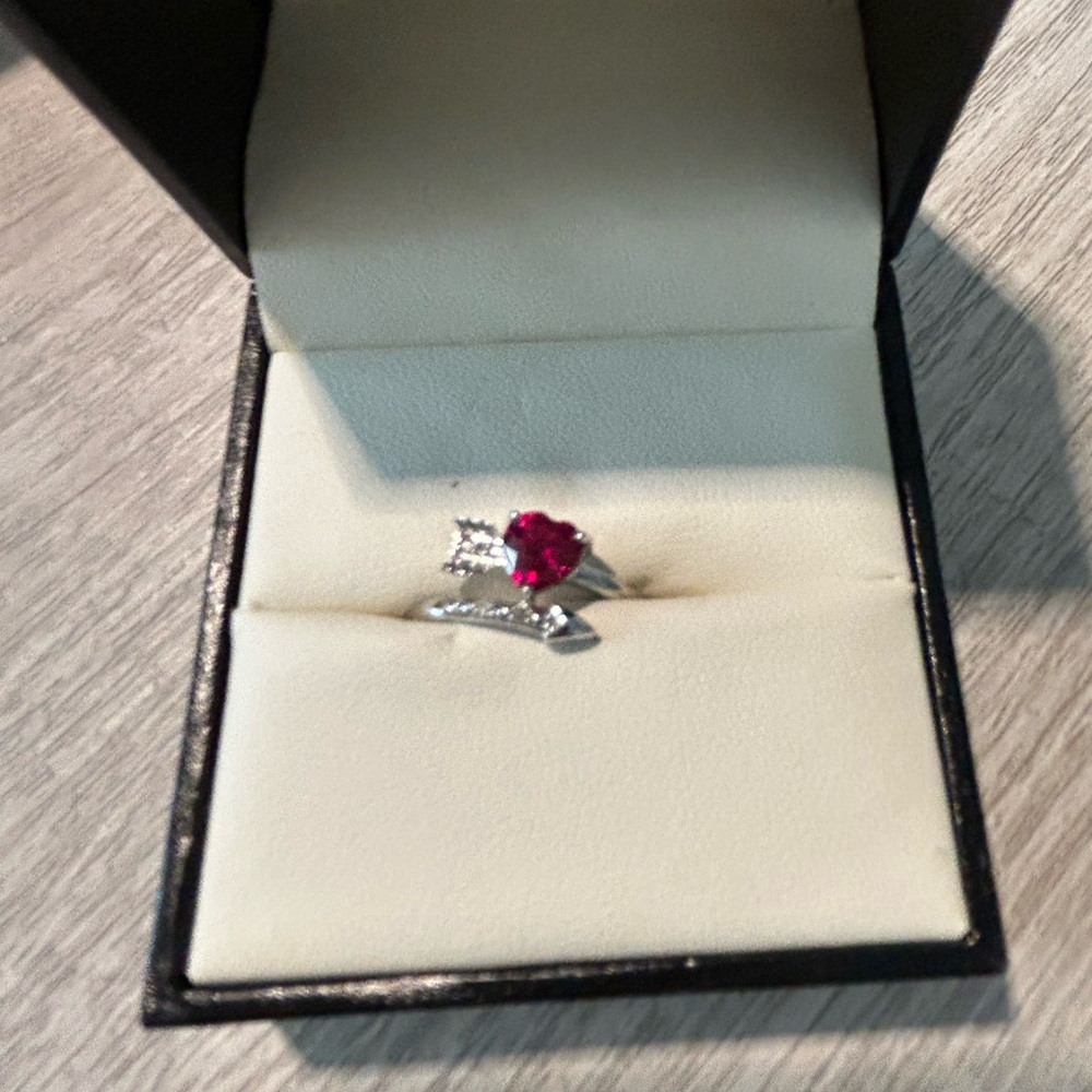 Heart-Shaped Silver and Ruby Red Ring
